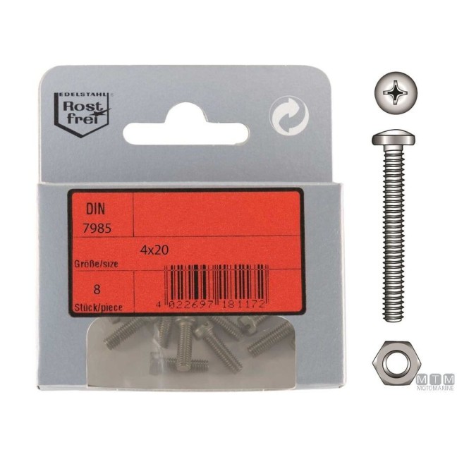 Pan Head Phillips Screws A4 DIN 7985 4x30 with Nuts - 6 Pack Pan Head Phillips Screws A4 DIN 7985 4x30 with Nuts - 6 Pack