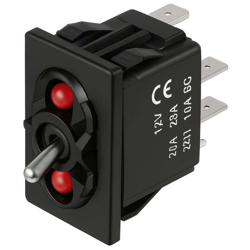 Comutator rocker (On)-Off-(On) cu 2 LED-uri roșii