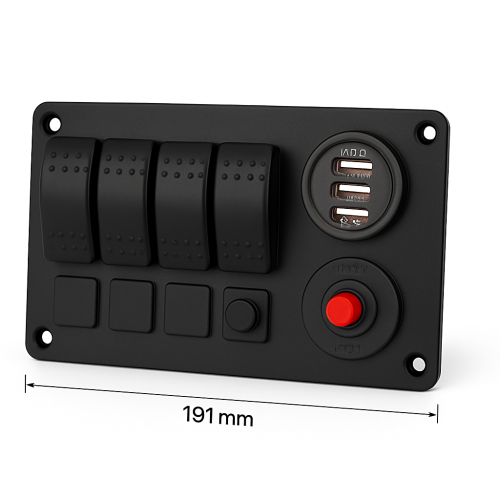 Alumiininen Musta Paneeli Rullakytkimillä ja Suojakytkimillä (5) + USB-liitin (3x5A/2x10A/1x15A) - Mitat: 191 x 115 mm