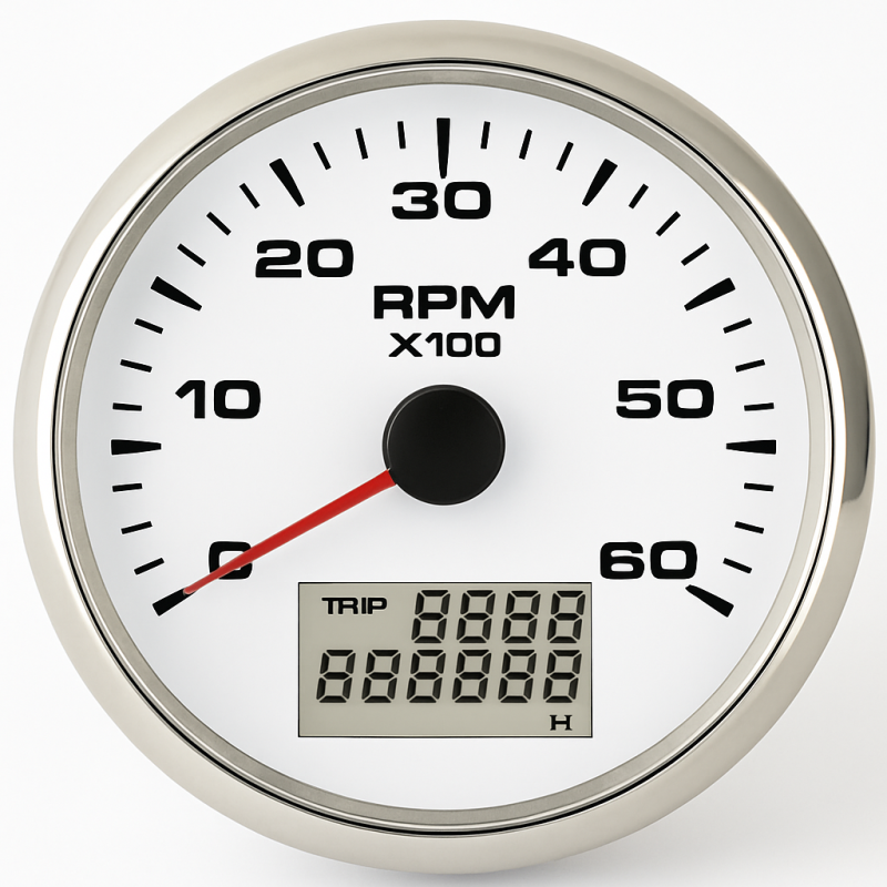 ECMS White & Chrome Tachometer and Hour Meter 12/24V ECMS White & Chrome Tachometer and Hour Meter 12/24V