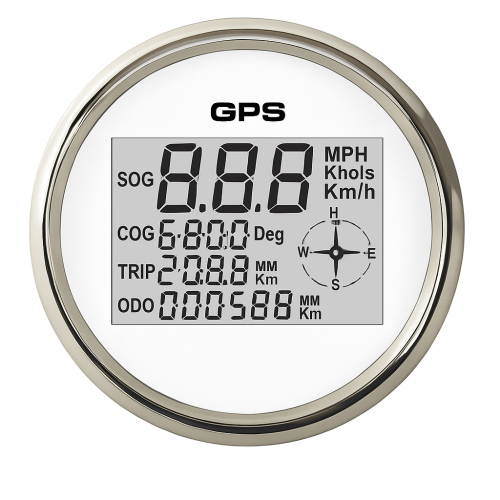 ECMS 85mm GPS Speedo - White Chrome 12/24V ECMS 85mm GPS Speedo - White Chrome 12/24V