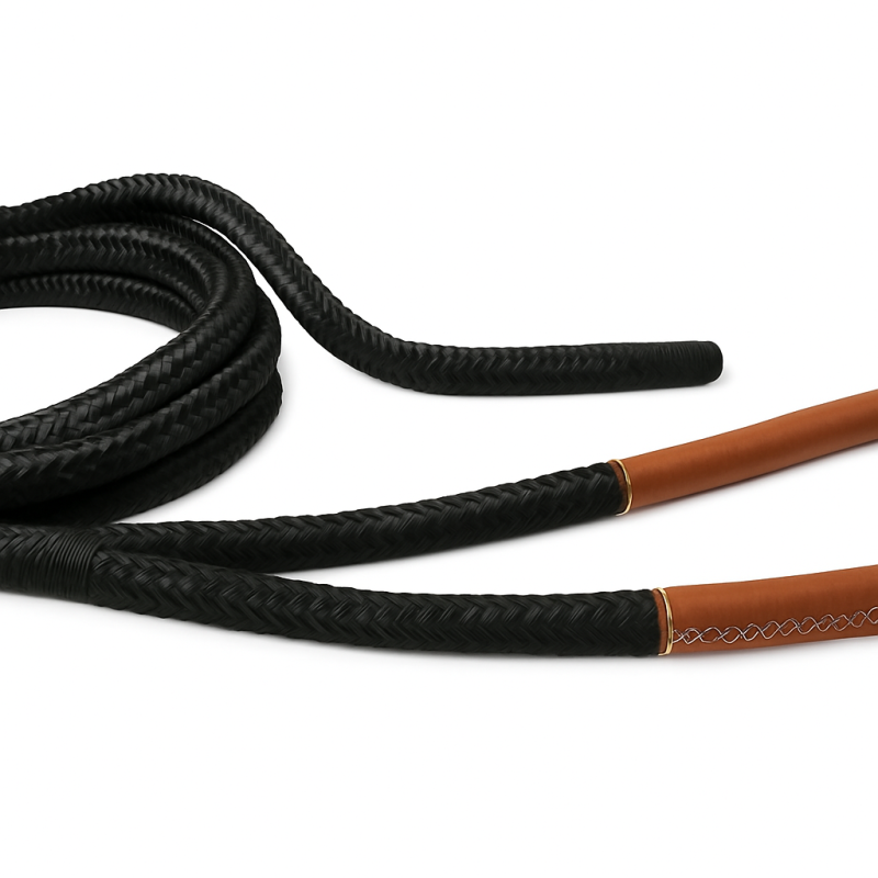 Corde en polyester noir avec œil en cuir marron, 16 brins