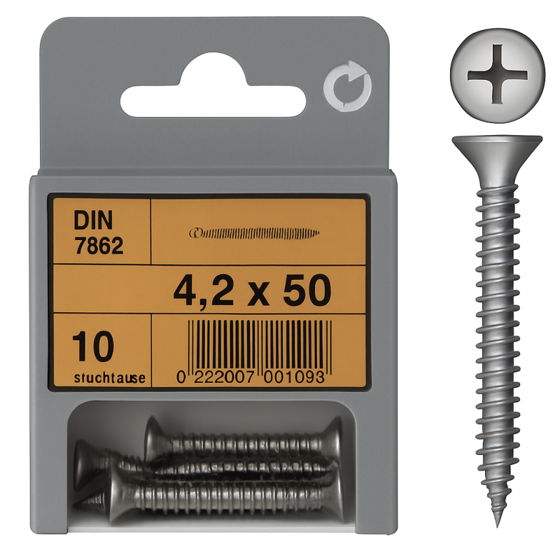 Litteä pää Phillips-ruuvit DIN 7982 mm 4,2x50 paketti 10 kpl