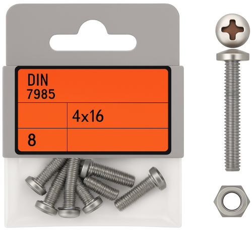 DIN 7985 Pan Head Phillips Screws & Nuts 4x16 mm - Set of 8